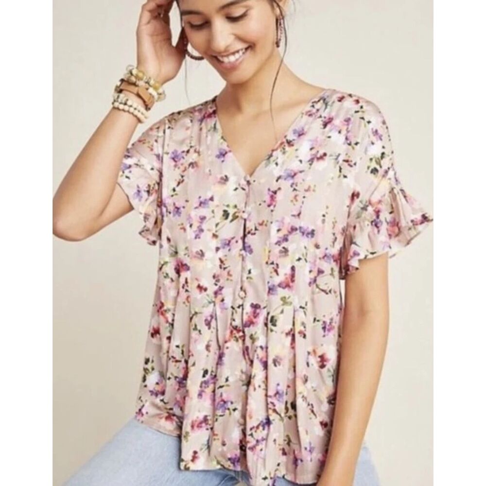 Dolan Left Coast Anthropologie Mitzi Floral Blouse Mixed Media Flowy Taupe Large